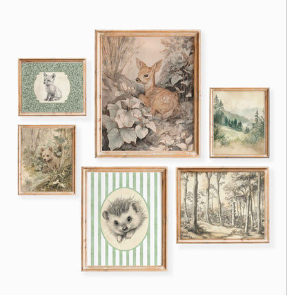 Woodland nursery wall art set of six with baby deer, hedgehog, forest scenery, bear cub and fox sketches in vintage soft tones for a nature-themed kids room.
