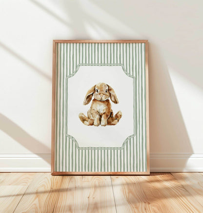 Watercolor Bunny Rabbits Nursery Wall Art Set - 3 Piece Sage Stripe Prints