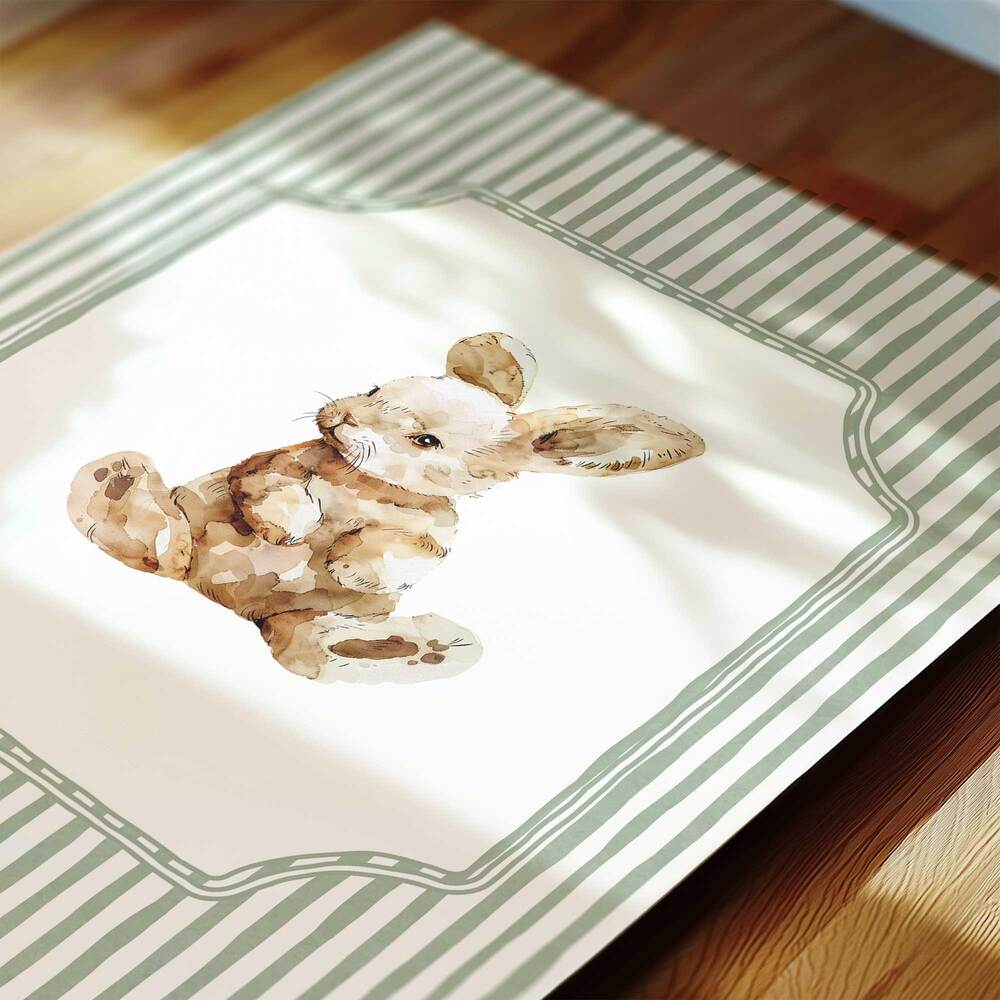 Watercolor Bunny Rabbits Nursery Wall Art Set - 3 Piece Sage Stripe Prints