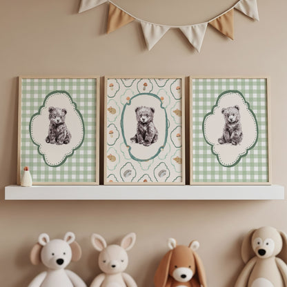 Three-piece vintage nursery art set featuring detailed pen and ink bear cub sketches in ornate frames on sage green gingham and whimsical woodland animal pattern backgrounds in natural wood frames
