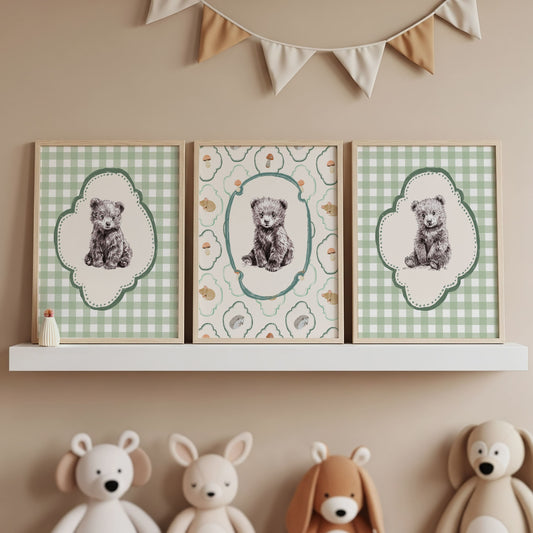 Three-piece vintage nursery art set featuring detailed pen and ink bear cub sketches in ornate frames on sage green gingham and whimsical woodland animal pattern backgrounds in natural wood frames