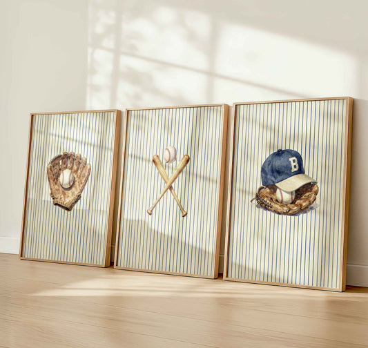 Preppy baseball nursery wall art set of 3 for a boys room on navy pinstripes