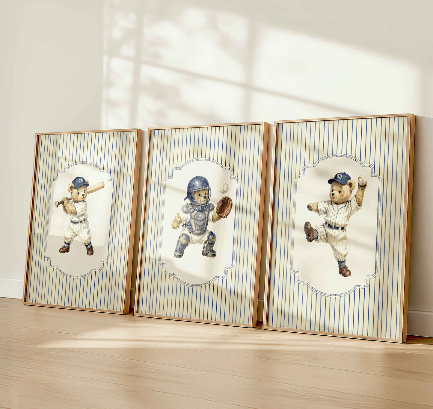 Preppy baseball teddy bear nursery wall art set of 3 for a boys room