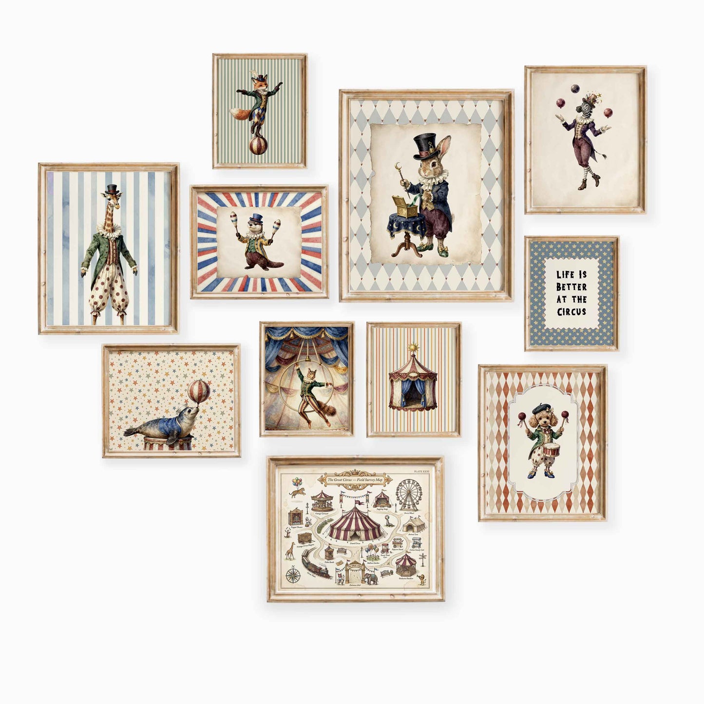 11 piece vintage circus animals nursery gallery wall set featuring magician bunny, performer animals and map