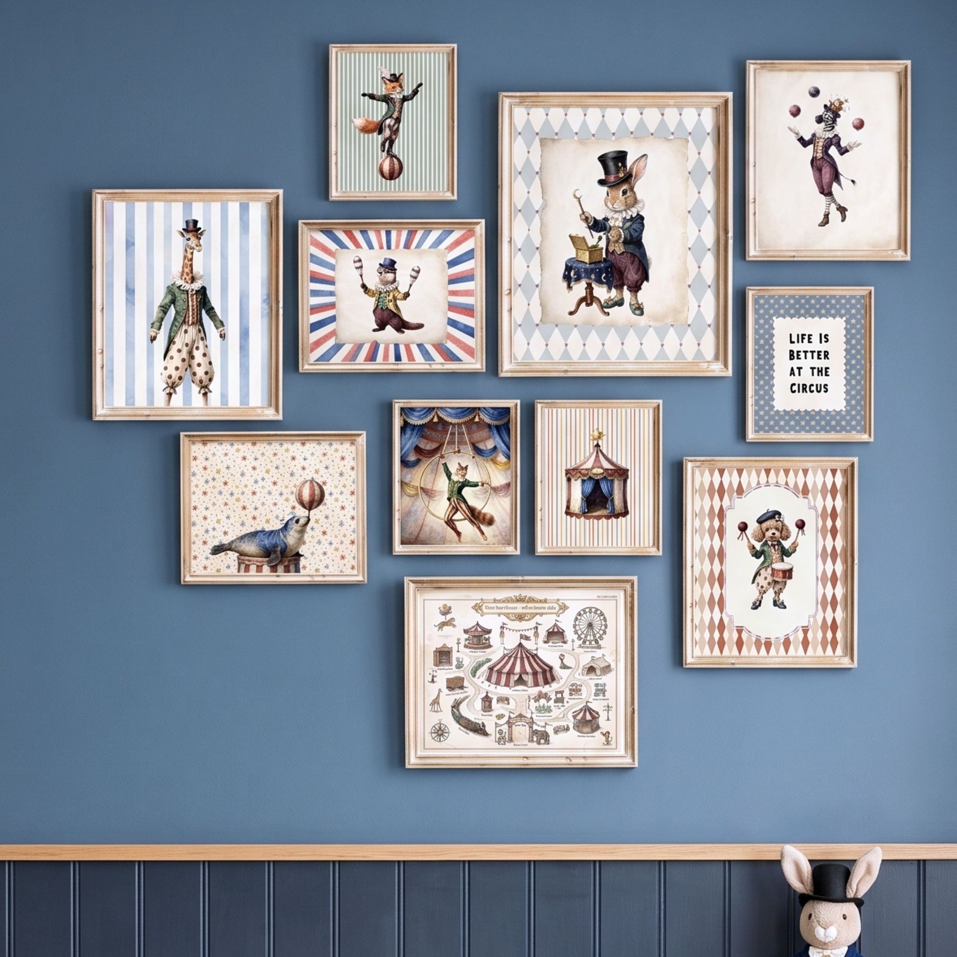 Vintage circus animals nursery gallery wall set of 11 styled on a dark blue wall