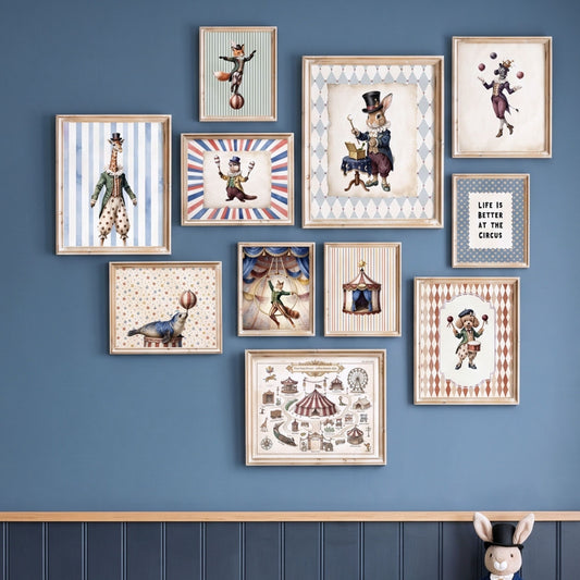 Vintage circus animals nursery gallery wall set of 11 styled on a dark blue wall
