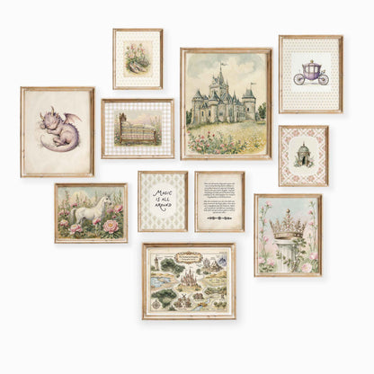 11 piece vintage fairytale princess nursery gallery wall set featuring castle, dragon, unicorn and map