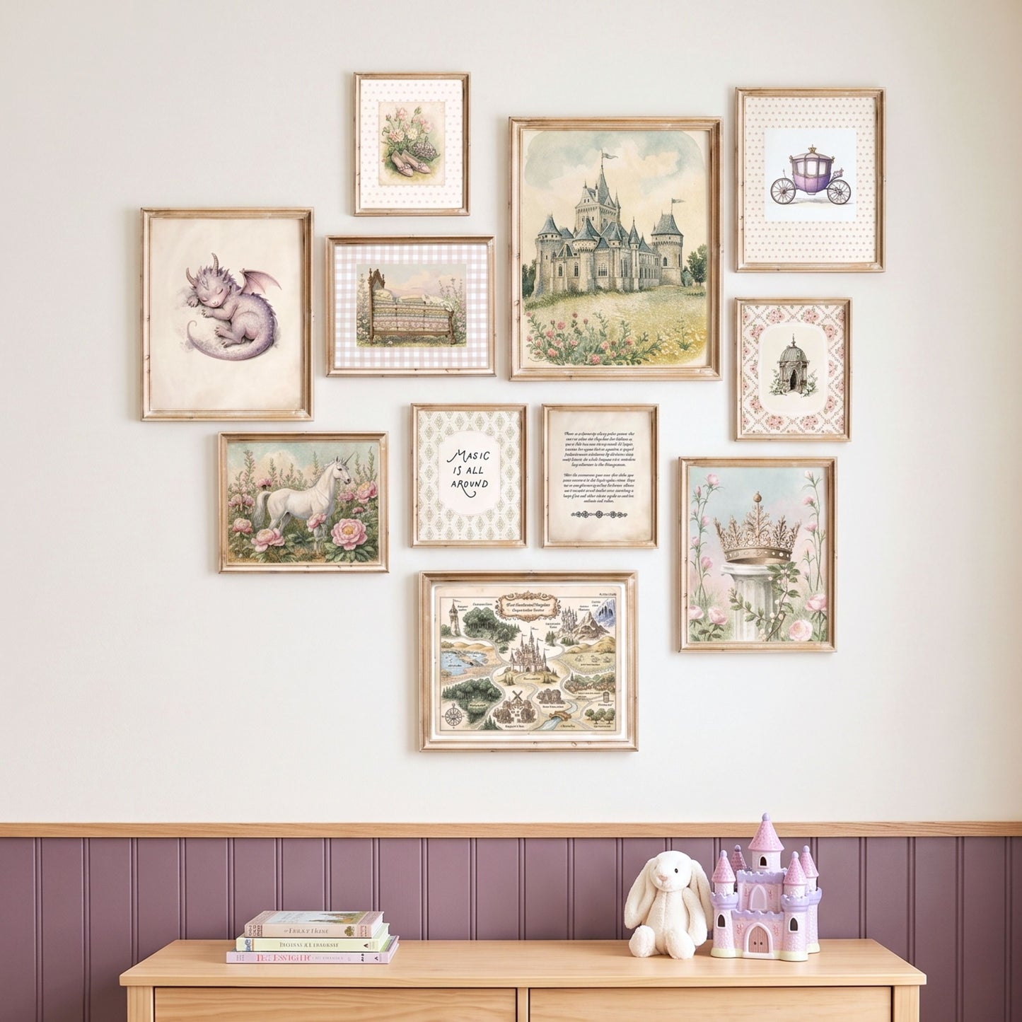 Vintage fairytale princess nursery gallery wall set of 11 styled on a dresser