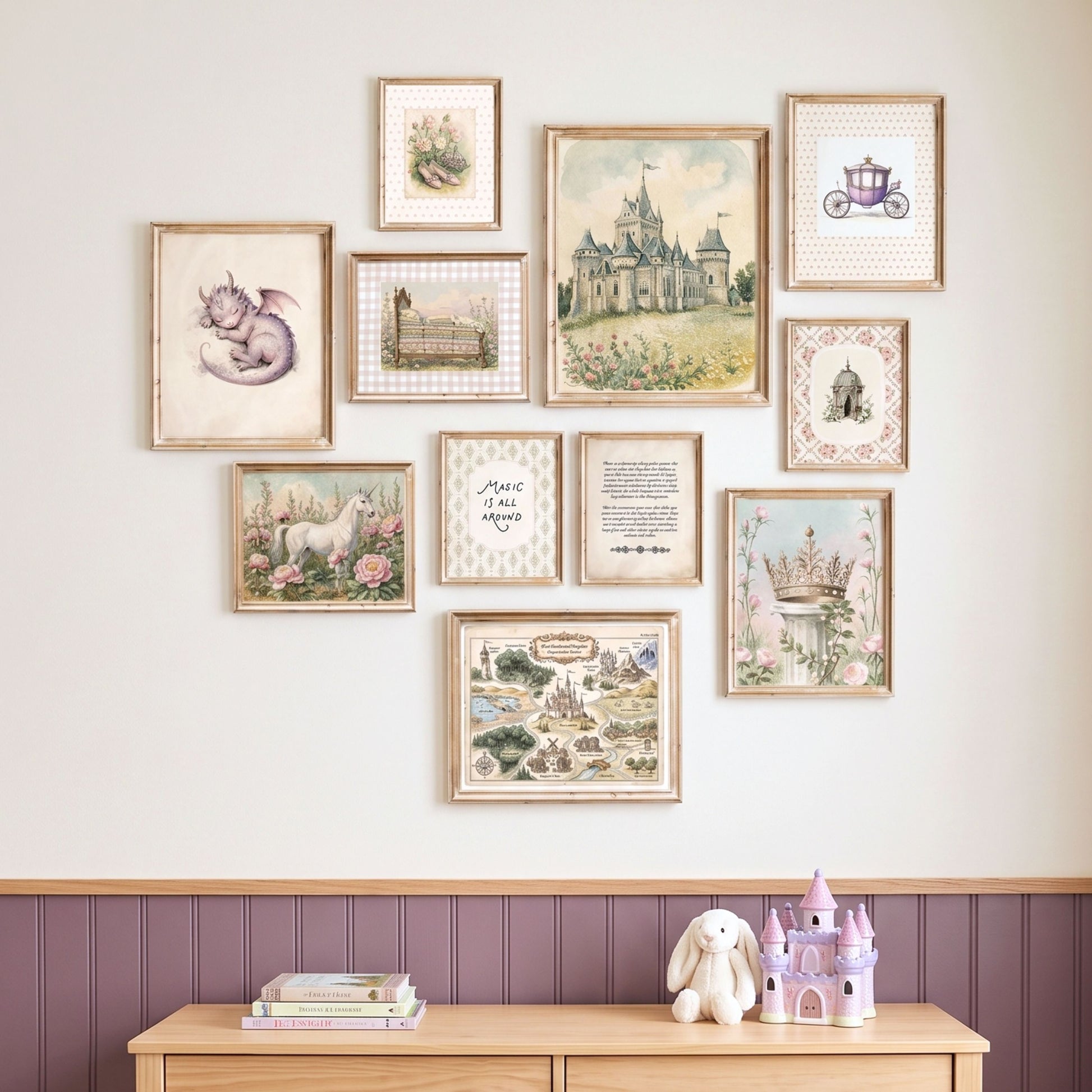 Vintage fairytale princess nursery gallery wall set of 11 styled on a dresser