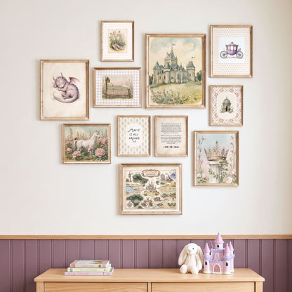 Vintage fairytale princess nursery gallery wall set of 11 styled on a dresser