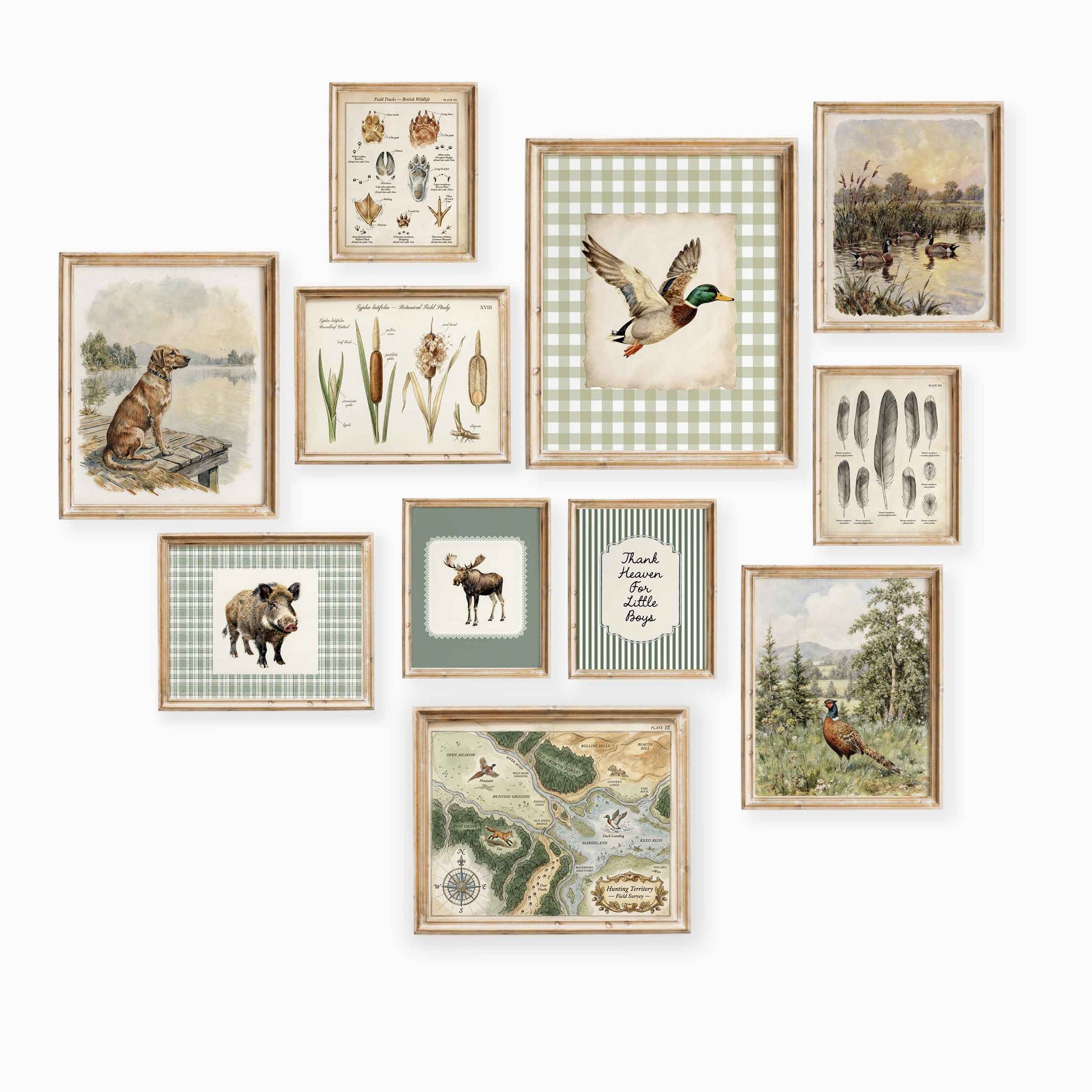 11 piece vintage duck hunting nursery gallery wall set featuring mallard duck, lab dog and map