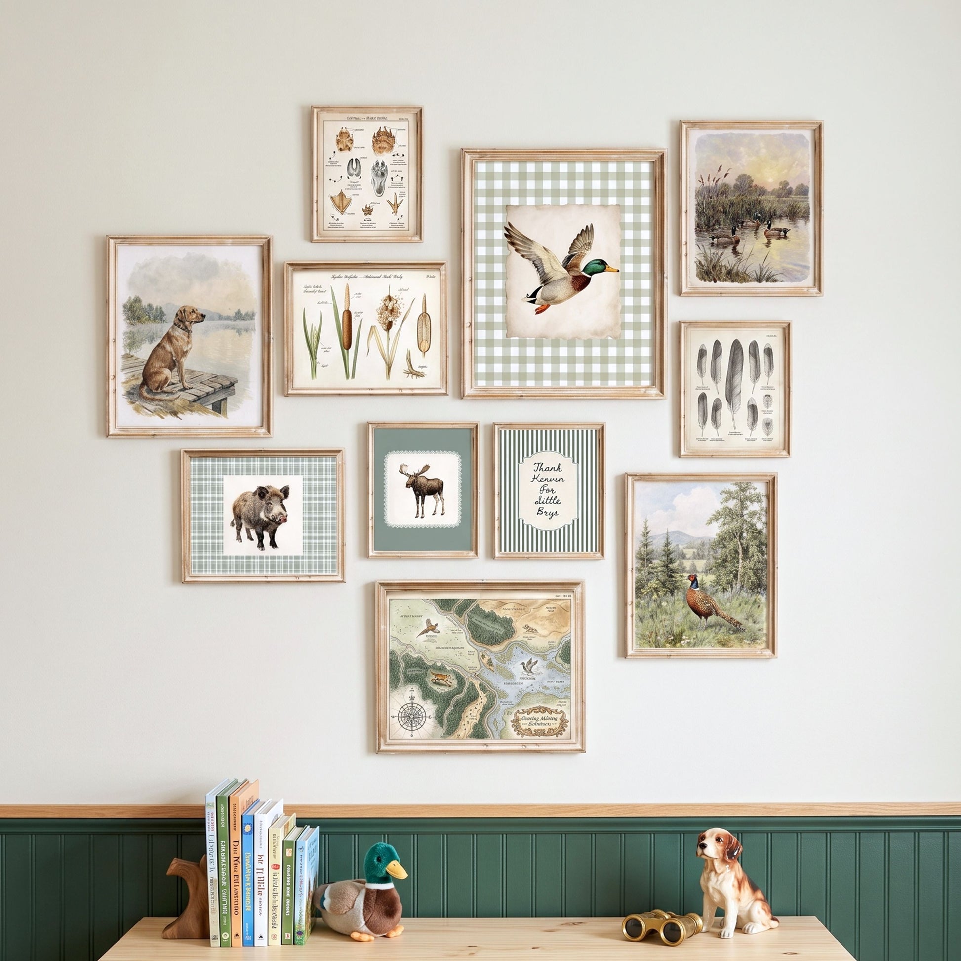 Vintage duck hunting nursery gallery wall set of 11 styled on a dresser