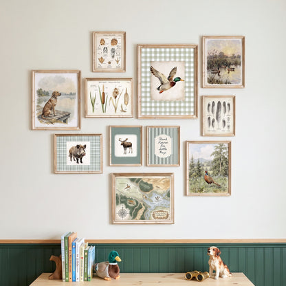 Vintage duck hunting nursery gallery wall set of 11 styled on a dresser