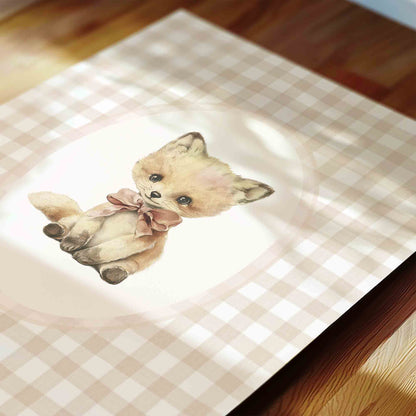 Vintage Gingham Nursery Wall Art Set with Baby Elephant, Bunny and Fox Illustrations