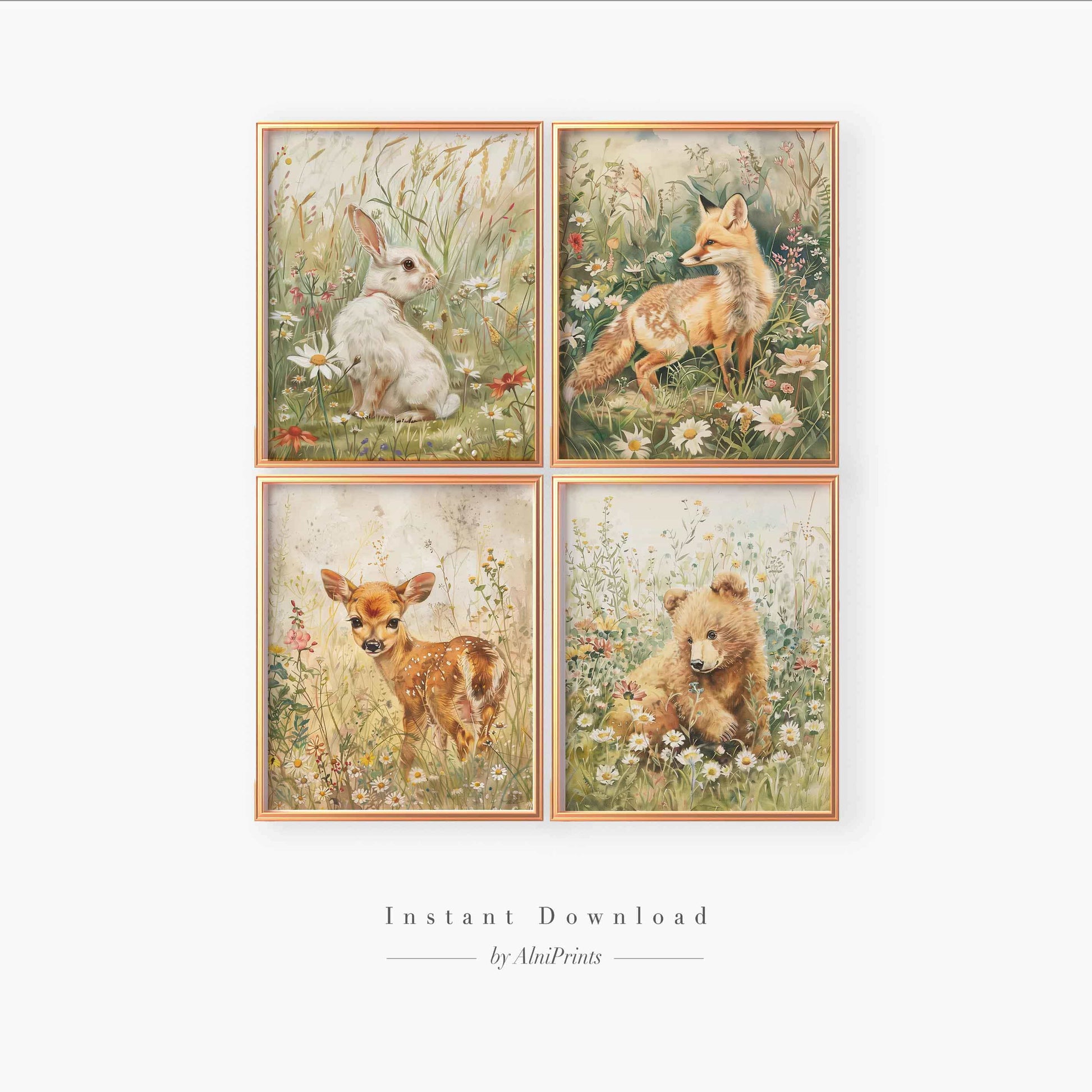 Vintage Woodland Baby Animals Prints - Set of 4