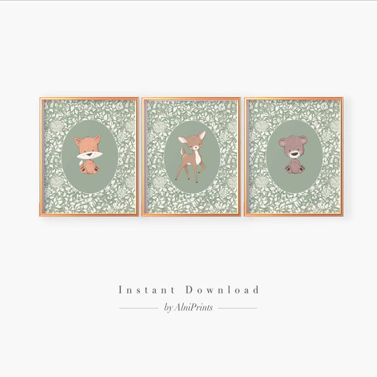 Sage Green Woodland Prints - Set of 3