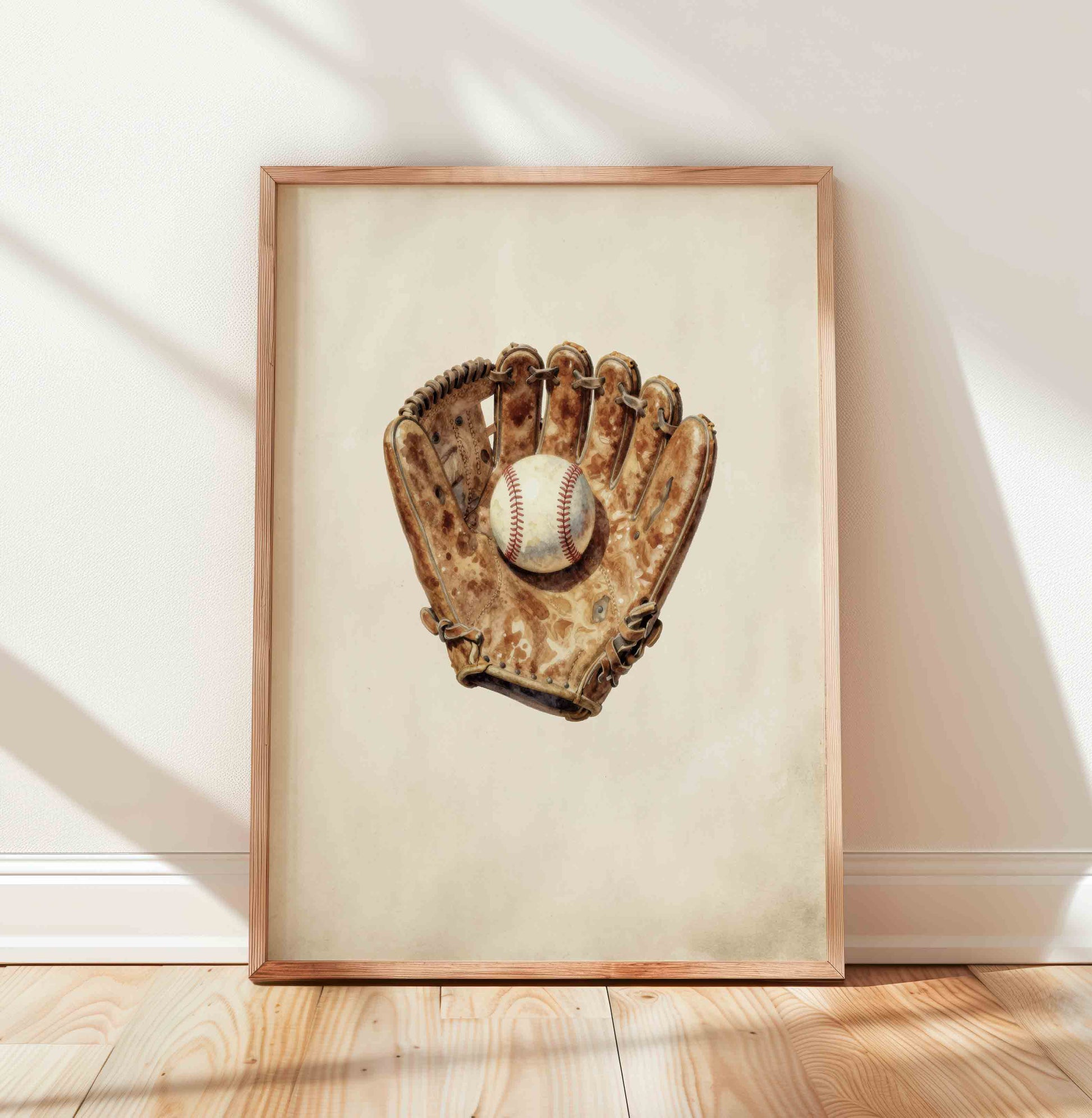 Watercolor baseball cap and mitt print for a vintage boys nursery wall