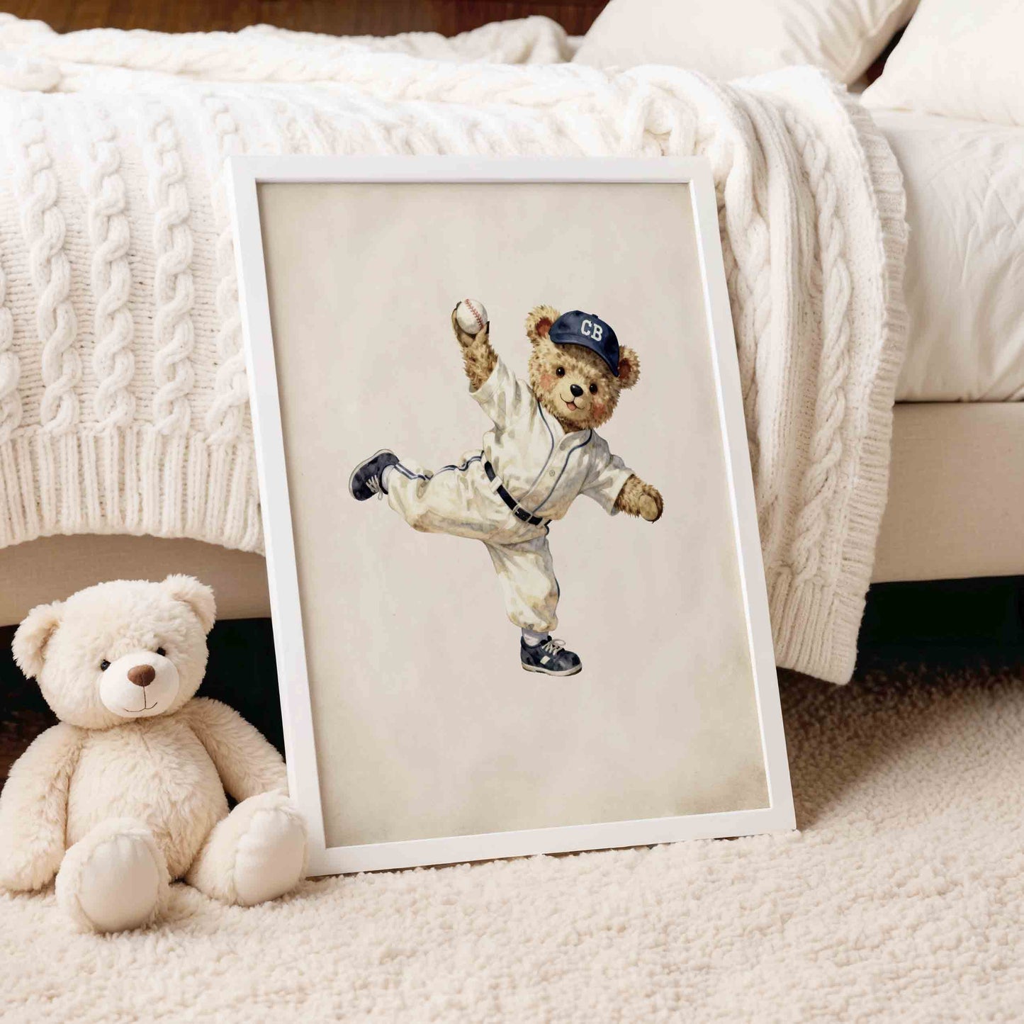 Vintage baseball teddy bear nursery art heirloom boys room printable
