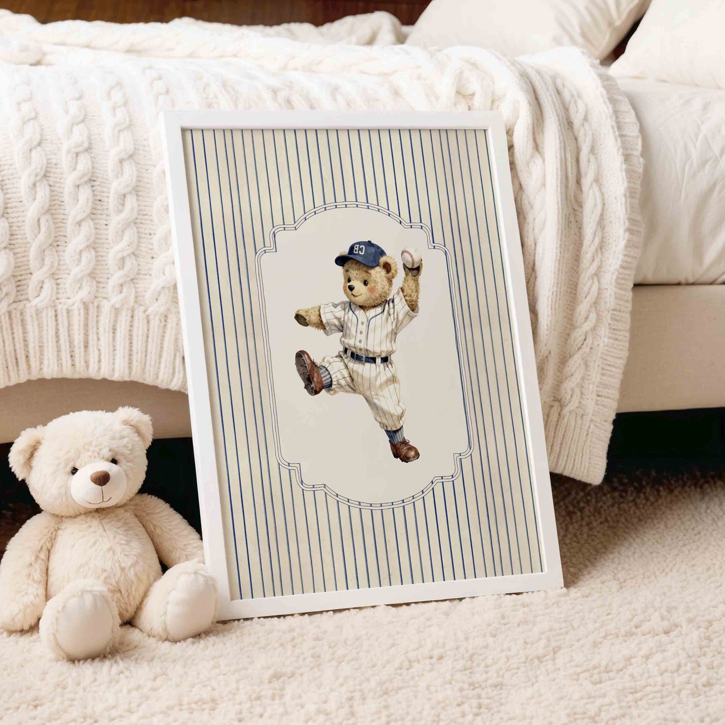 Preppy navy stripe baseball nursery print for a boys room wall decor