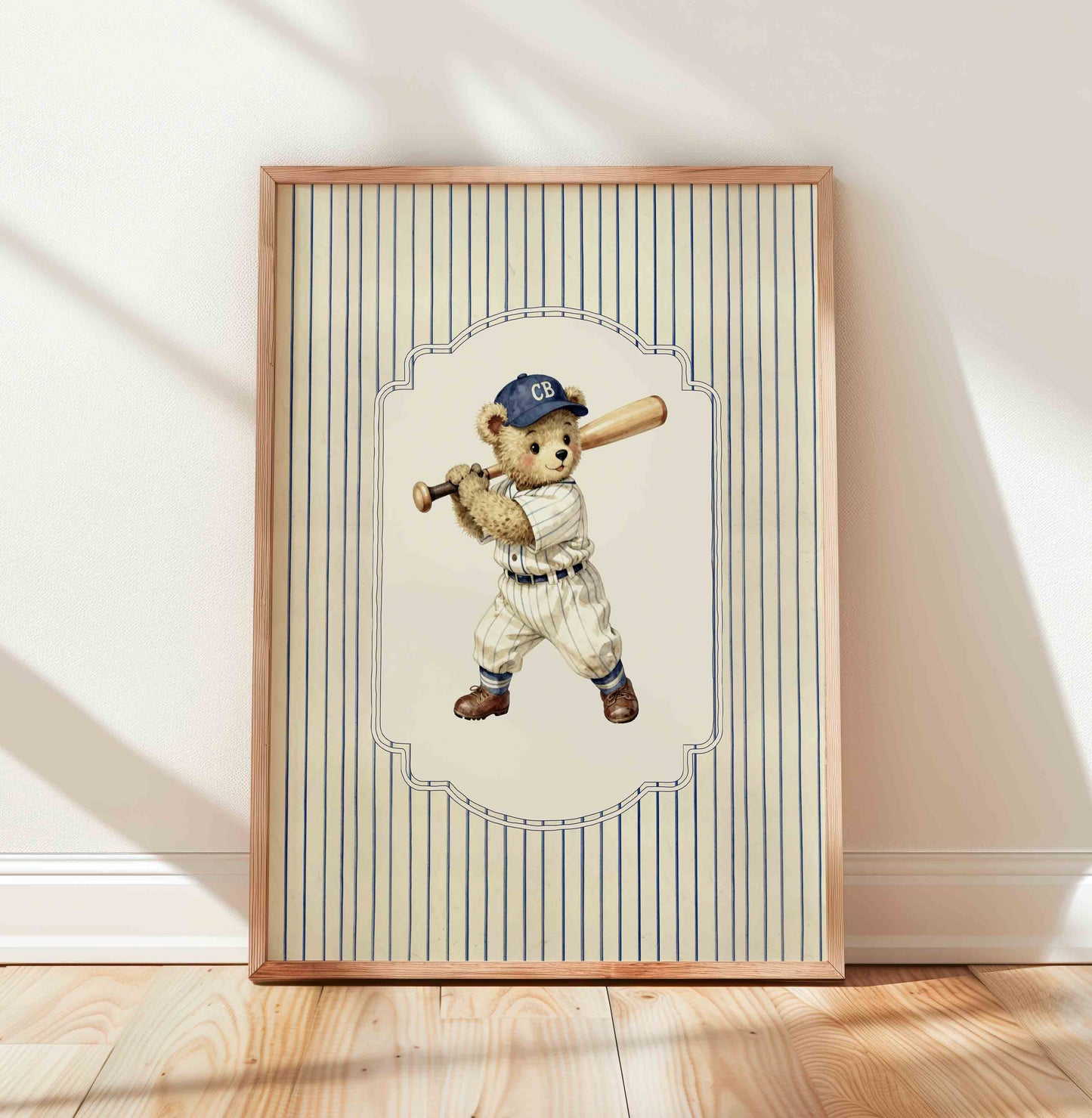 Watercolor teddy bear catcher print for a classic American boys nursery wall