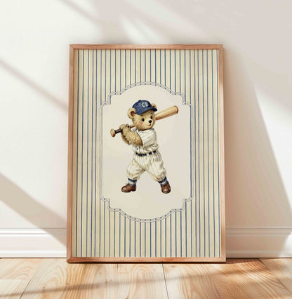 Watercolor teddy bear catcher print for a classic American boys nursery wall