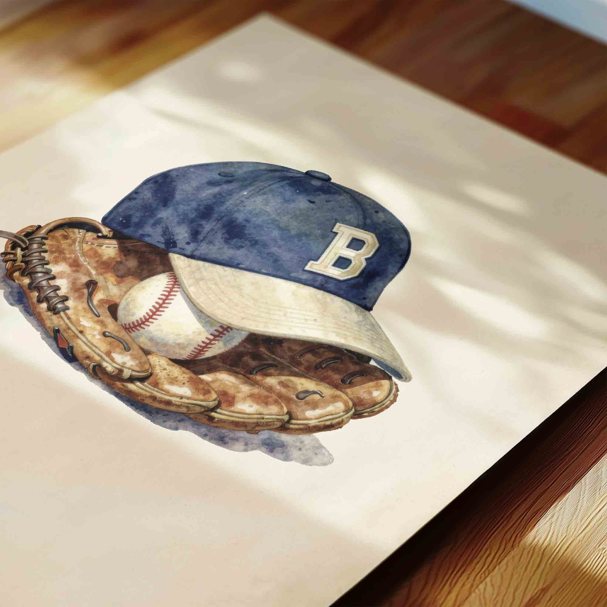 Watercolor vintage baseball glove print for a boys nursery room decor