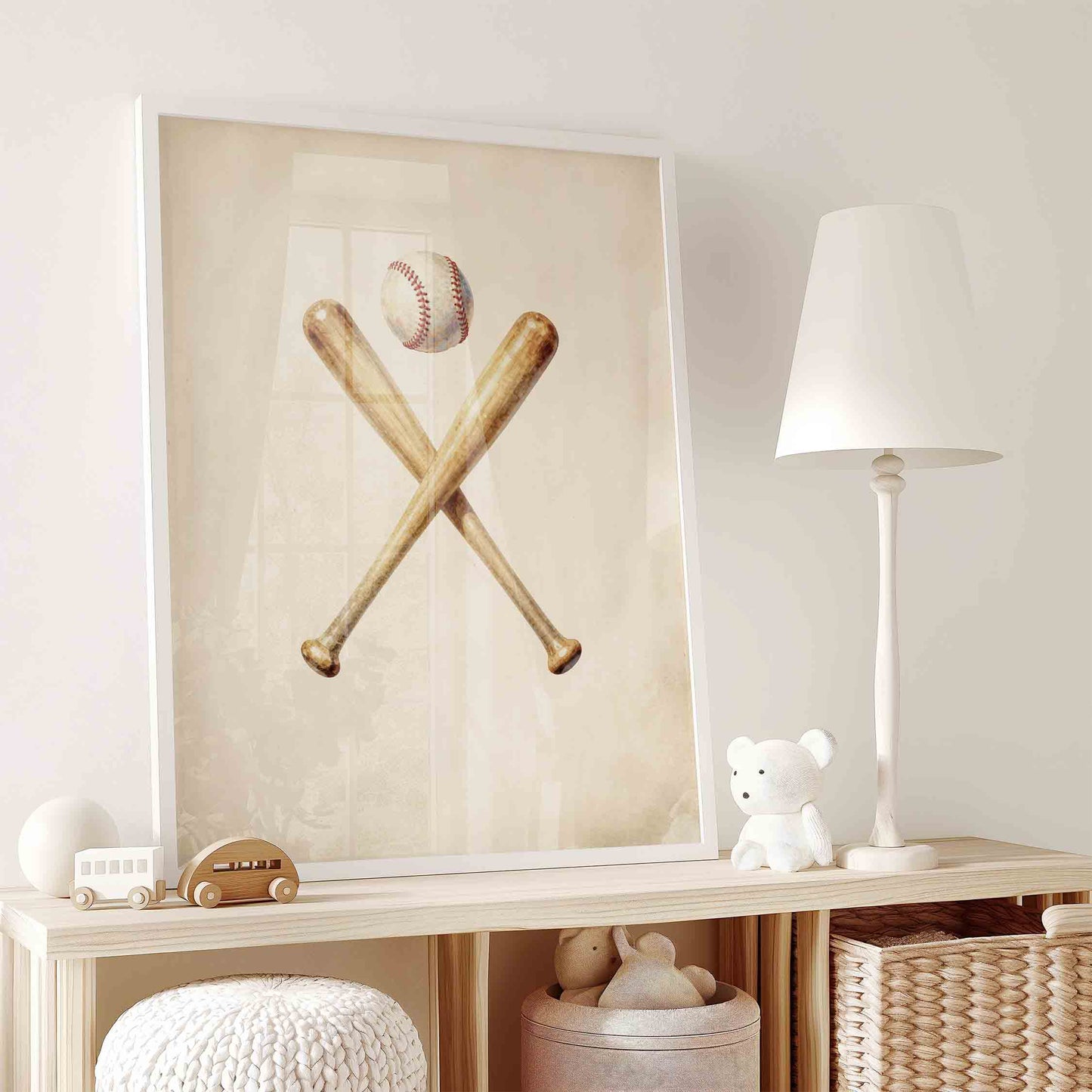 Watercolor crossed baseball bats print for a boys nursery room decor