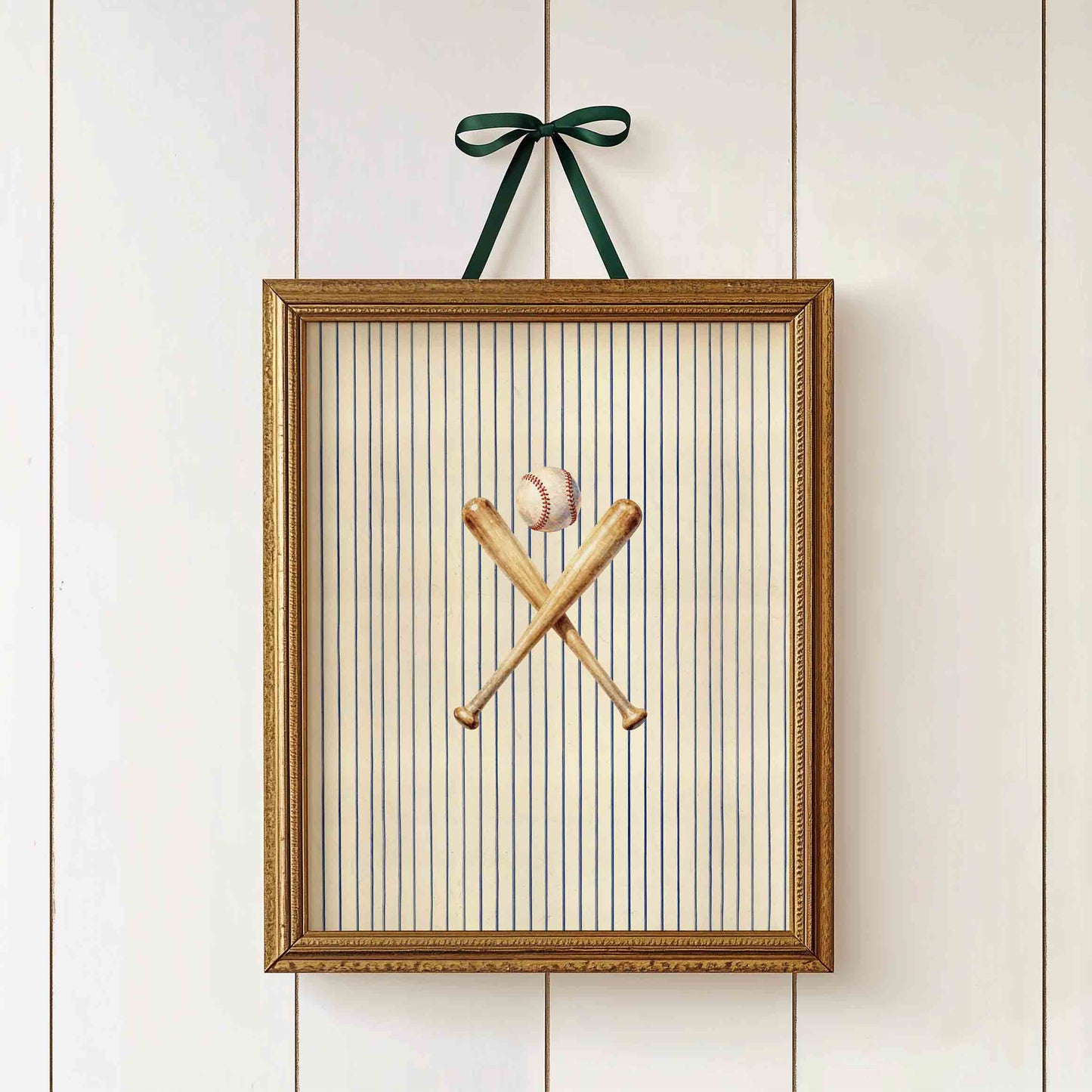Boys room baseball decor watercolor print on classic navy pinstripe background