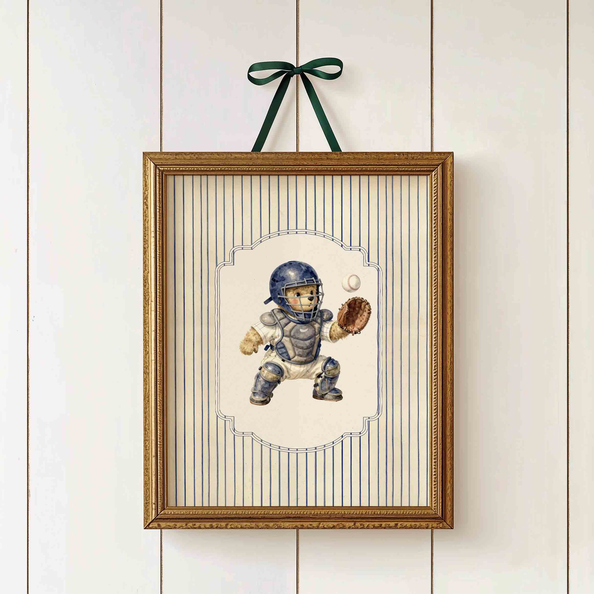 Vintage baseball teddy bear watercolor print for a boys nursery room