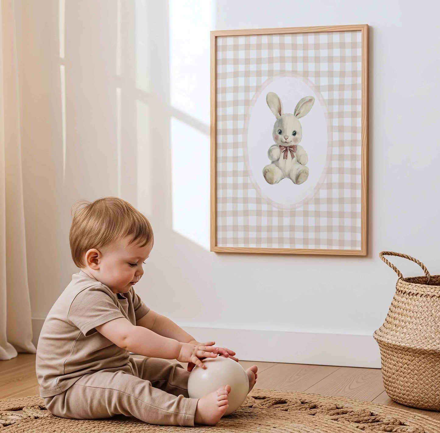 Vintage Gingham Nursery Wall Art Set with Baby Elephant, Bunny and Fox Illustrations