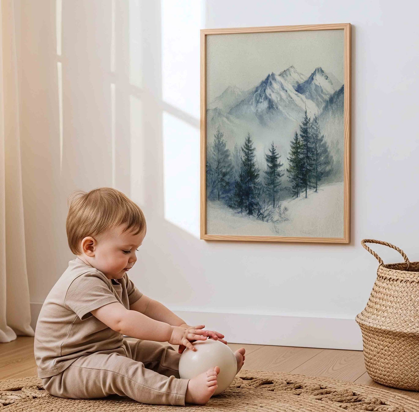Mountain Nursery Wall Art – Vintage Forest Landscape Set for Boys