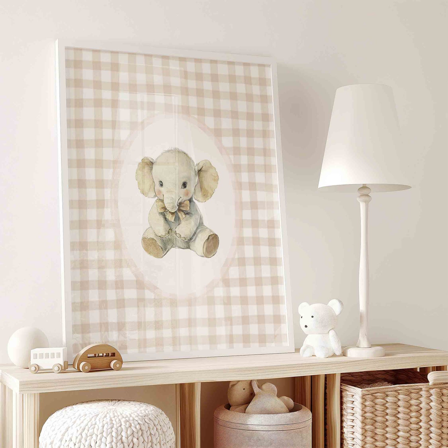 Vintage Gingham Nursery Wall Art Set with Baby Elephant, Bunny and Fox Illustrations