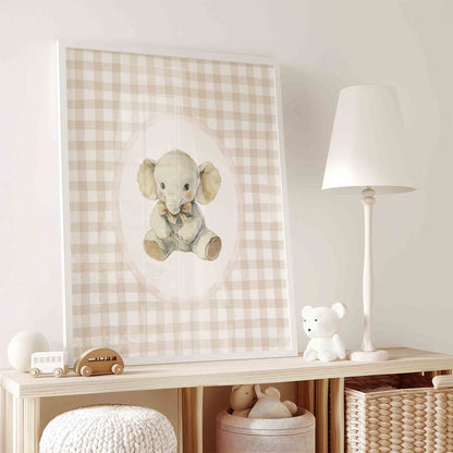 Vintage Gingham Nursery Wall Art Set with Baby Elephant, Bunny and Fox Illustrations