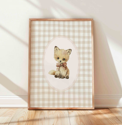 Vintage Gingham Nursery Wall Art Set with Baby Elephant, Bunny and Fox Illustrations
