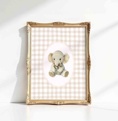 Vintage Gingham Nursery Wall Art Set with Baby Elephant, Bunny and Fox Illustrations
