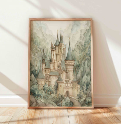 Vintage Storybook Castle Nursery Wall Art – Fairy Tale Landscape Set for Boys
