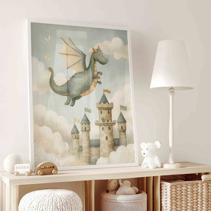 Storybook Dragon and Castle Wall Art - Vintage Fantasy Prints for Boys Room