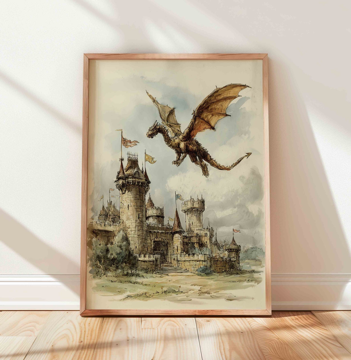 Medieval Castle Dragon Nursery Art - Vintage Magical Wall Prints for Boys