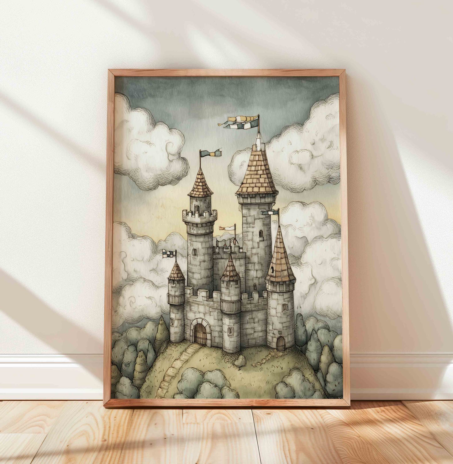 Storybook Dragon and Castle Wall Art - Vintage Fantasy Prints for Boys Room