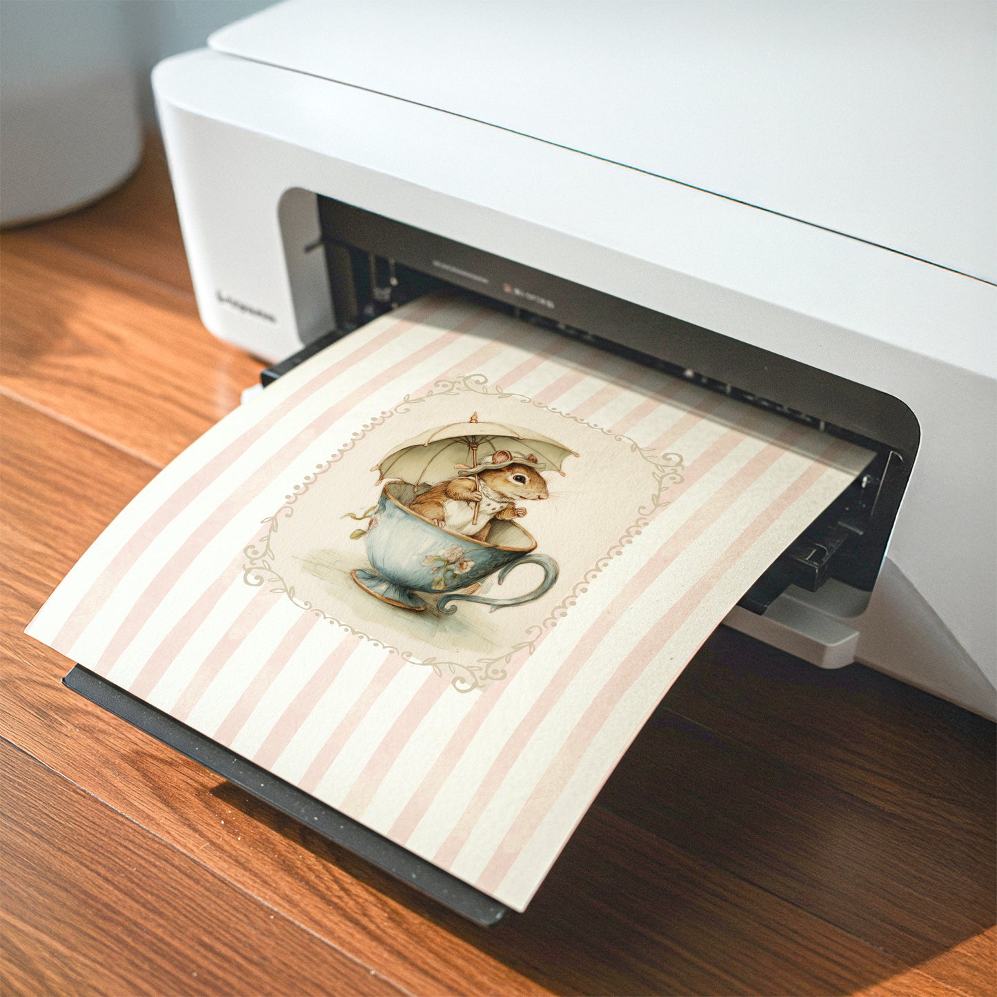 Printable nursery art of a vintage squirrel in a teacup with umbrella, pink striped background, woodland animal wall print for baby girl room.