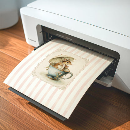 Printable nursery art of a vintage squirrel in a teacup with umbrella, pink striped background, woodland animal wall print for baby girl room.