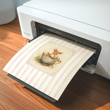 Printable wall art of a vintage hedgehog in a teacup with bonnet and books, pink striped background, cottagecore woodland nursery décor.