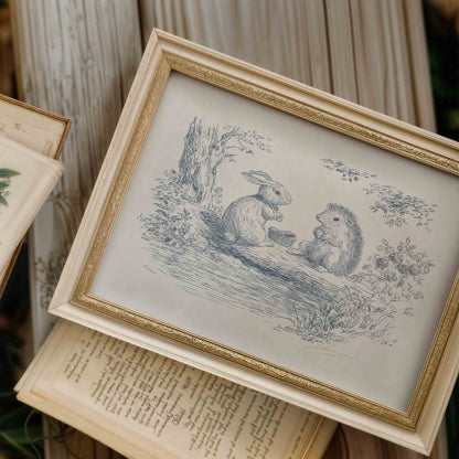 Toile and Floral Nursery Wall Art Set with Mouse and Blue Ribbon