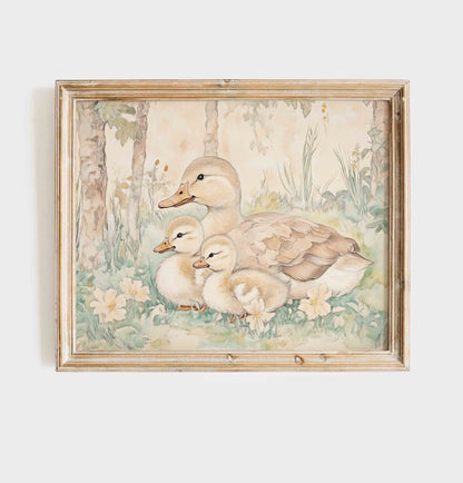 Vintage Bunny Nursery Wall Art with Florals and Ducklings