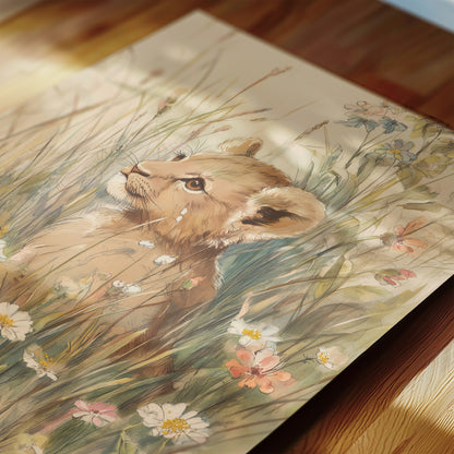 Safari Baby Animals in Wildflowers: Vintage Nursery Wall Art Set of 4