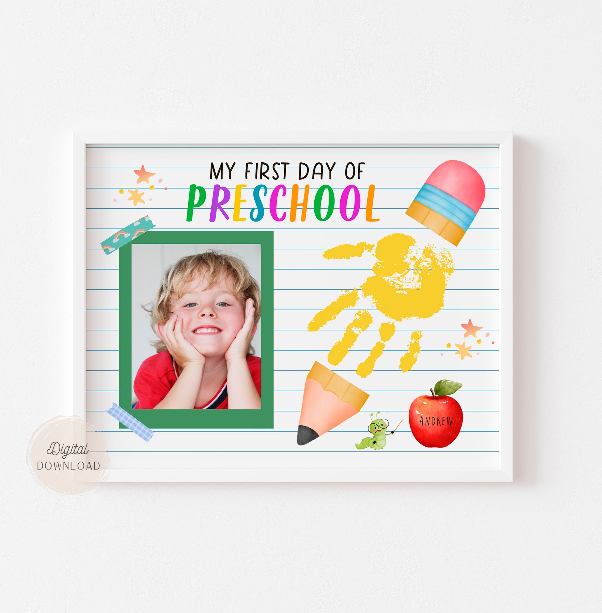 First Day of Preschool Handprint Pencil with photo