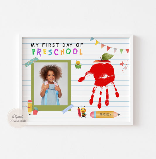 1st First Day of Preschool Handprint Apple with photo template