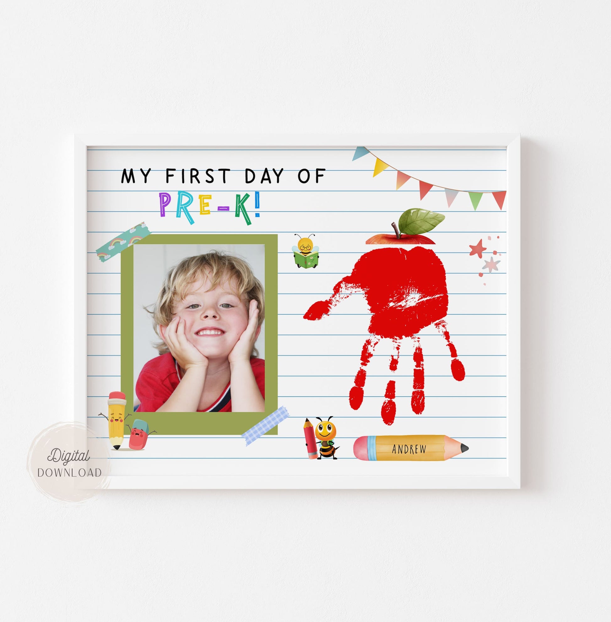 1st First Day of Pre-K Handprint Apple with photo template