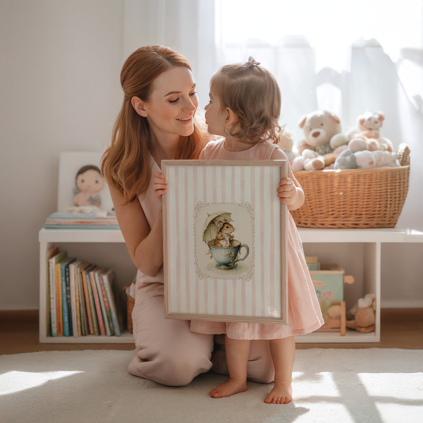 Printable nursery art of a vintage squirrel in a teacup with umbrella, pink striped background, woodland animal wall print for baby girl room.