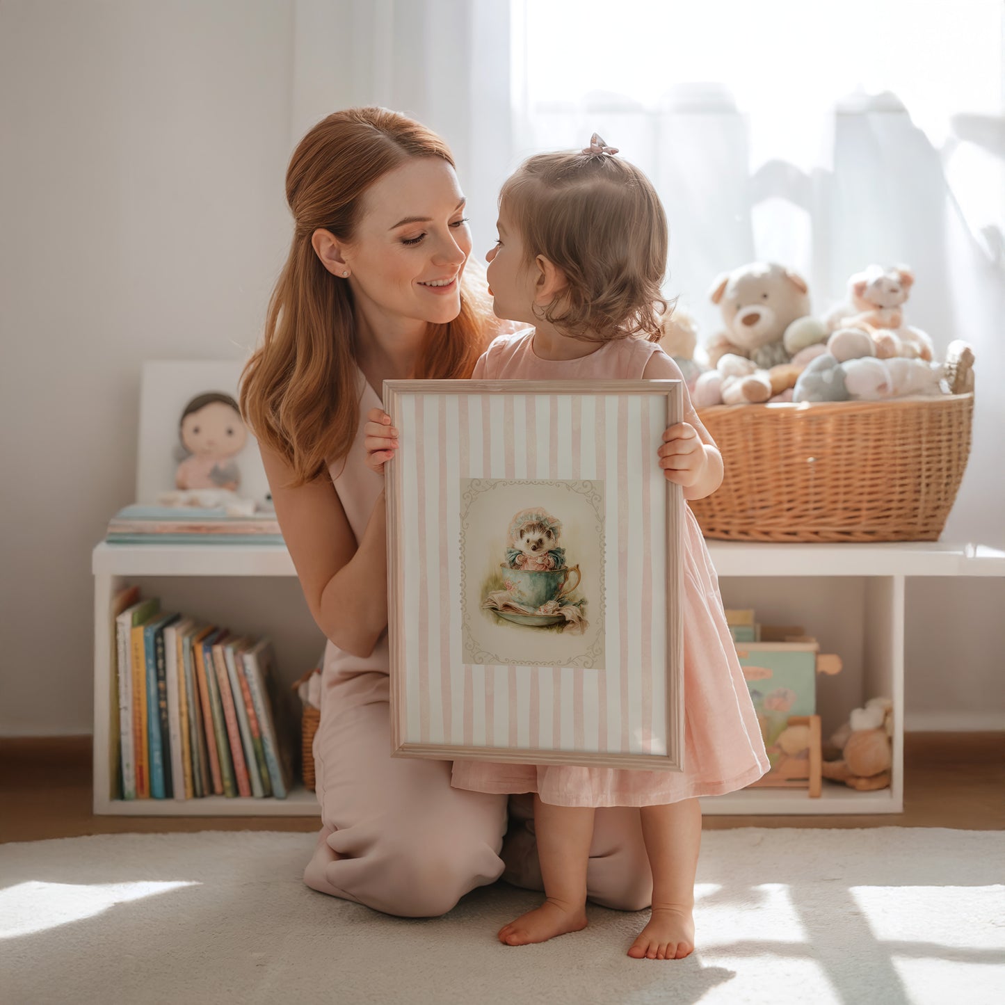 Printable wall art of a vintage hedgehog in a teacup with bonnet and books, pink striped background, cottagecore woodland nursery décor.